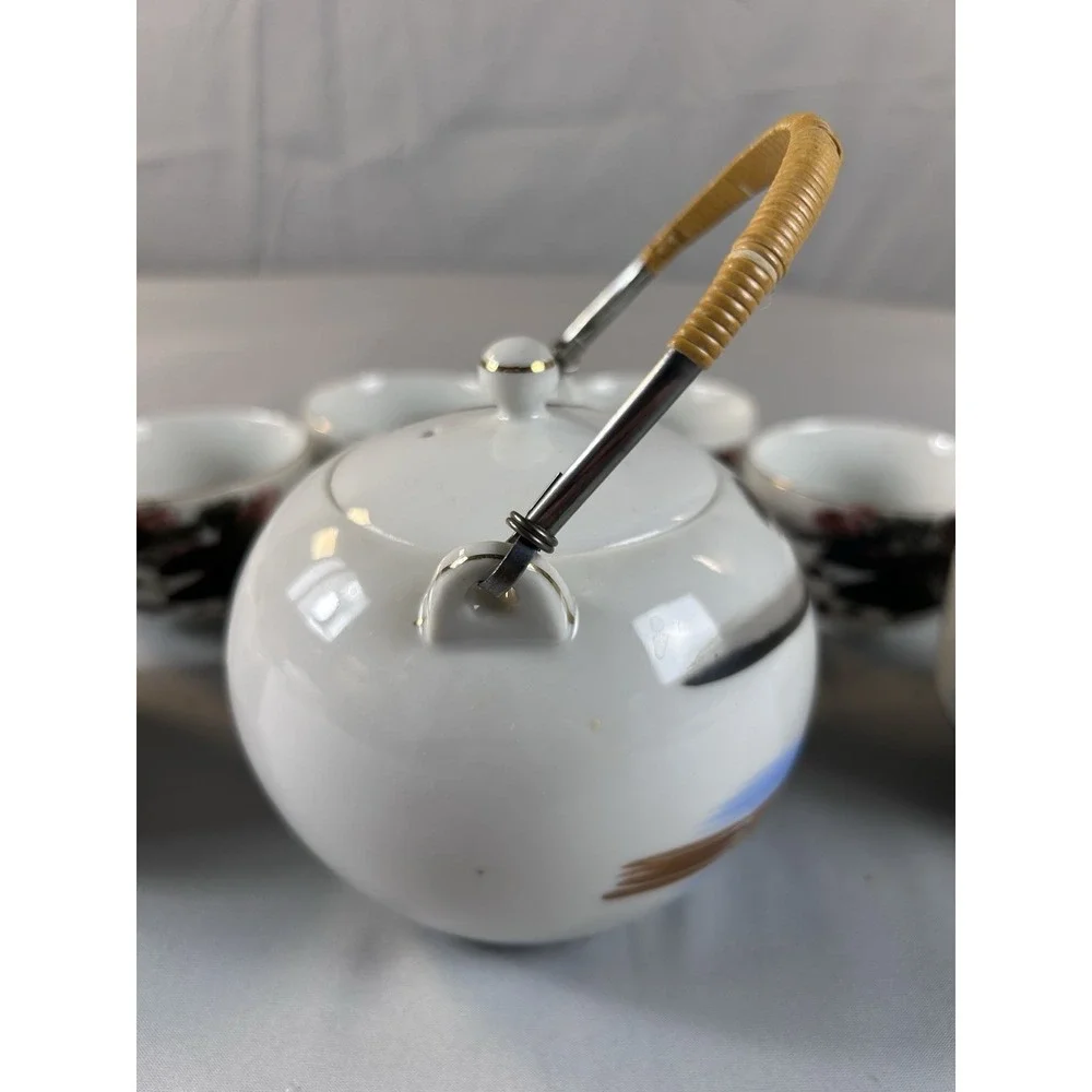 Vintage Japanese Tea Set Teapot & 6 Cups Hand Painted‎ Bamboo Handl